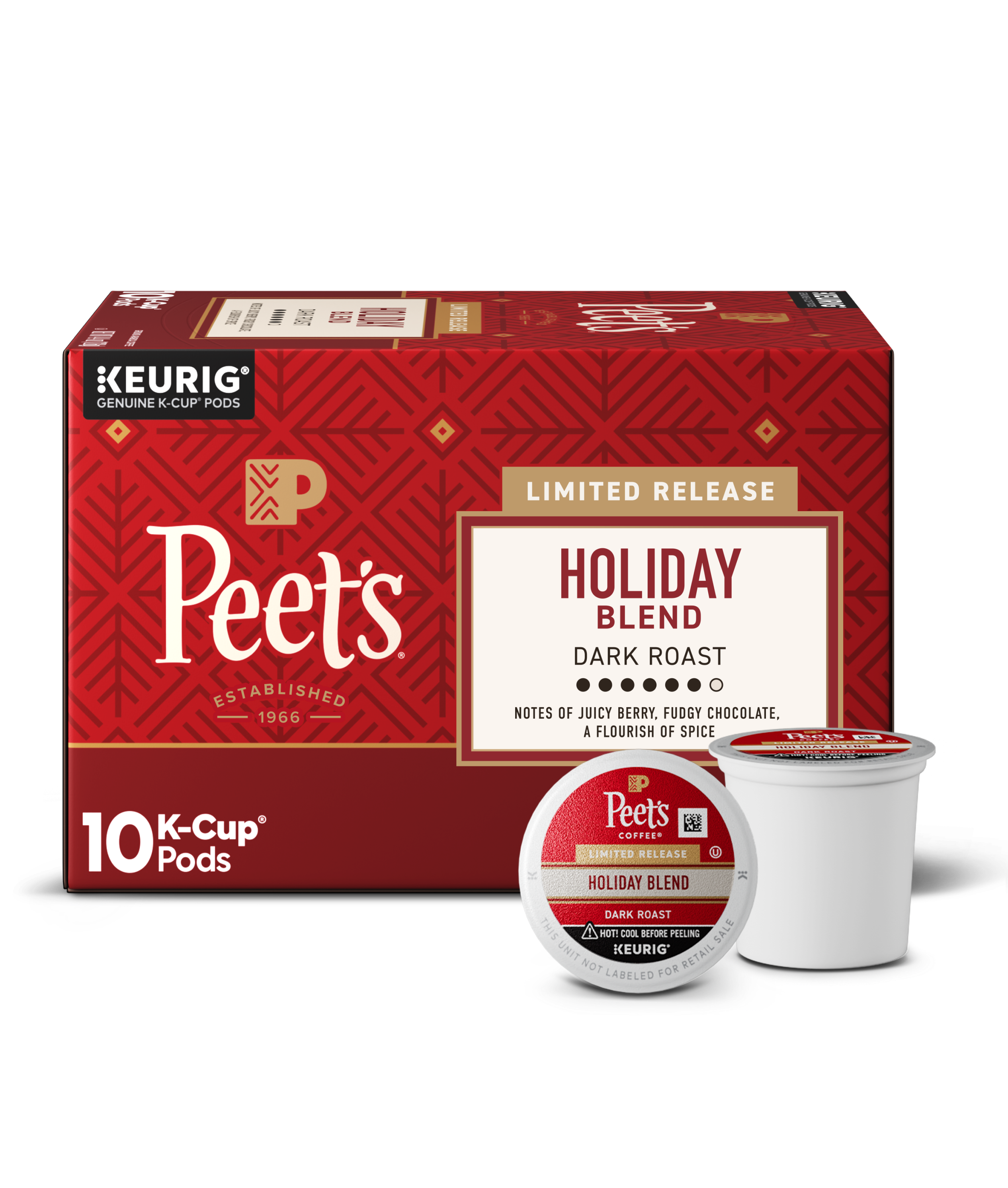 Box of Peet's Holiday Blend K-Cup pods with a single pod on a white background